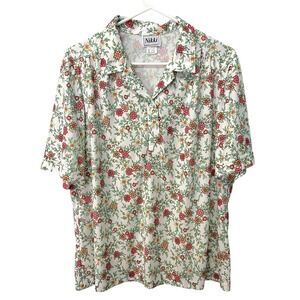 Nikki 14/16 White Floral Polo Shirt Short Sleeve Button Front Retro‎ Cottagecore